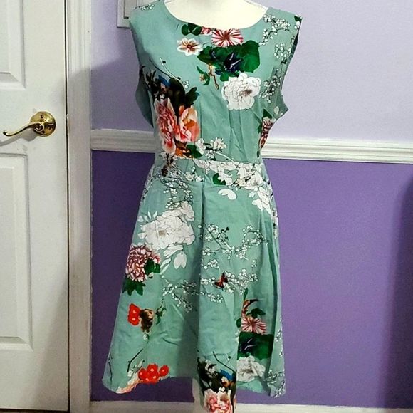 Owin Teal Green Floral Jackie O 60s Sleeveless Fit & Flare Pinup Midi Dress - Picture 2 of 11